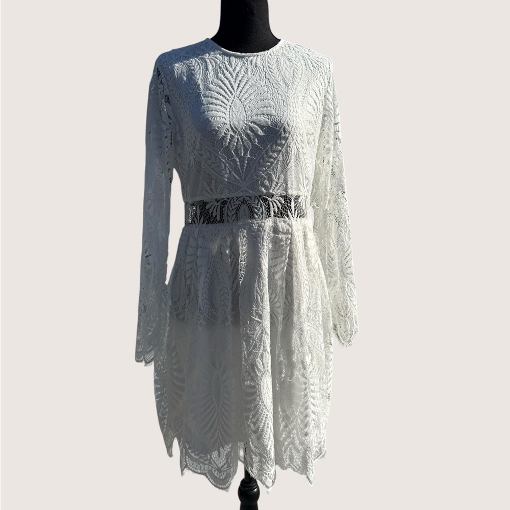 Ivory Long-Sleeve Lace Dress with Waist Cutout